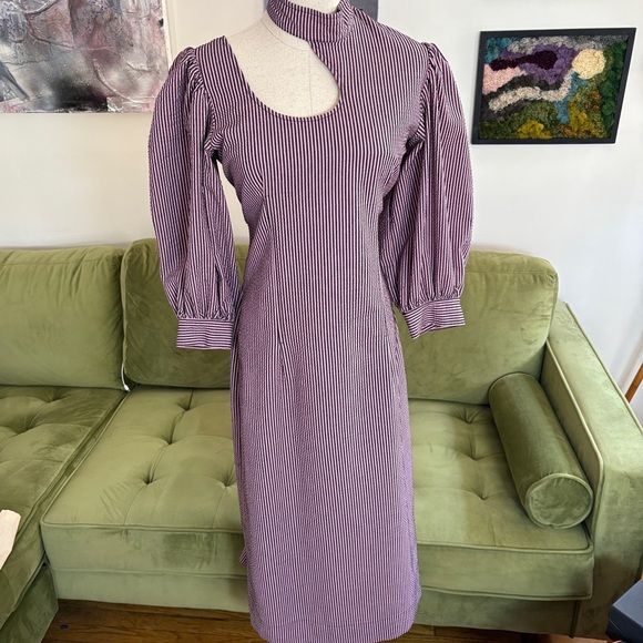 Ganni Asymmetrical High Neck Purple Striped Midi Dress with Puff Sleeves sz M - Picture 1 of 9